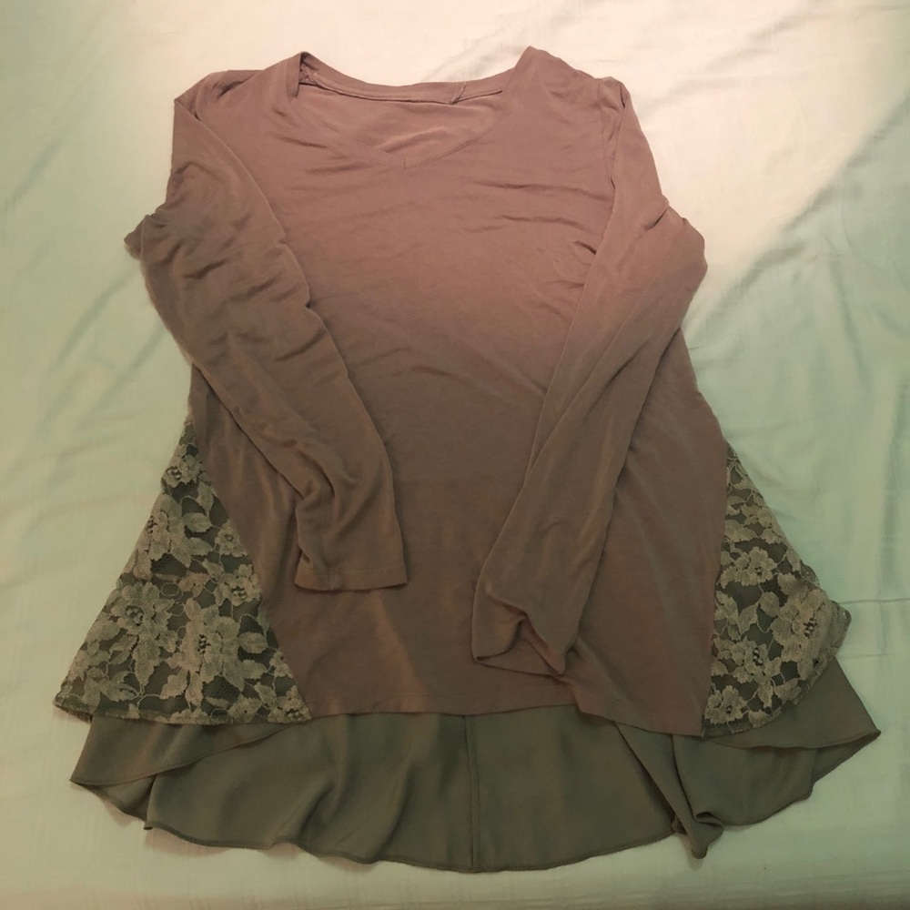 LOGO by Lori Goldstein pink & green w/lace peplum